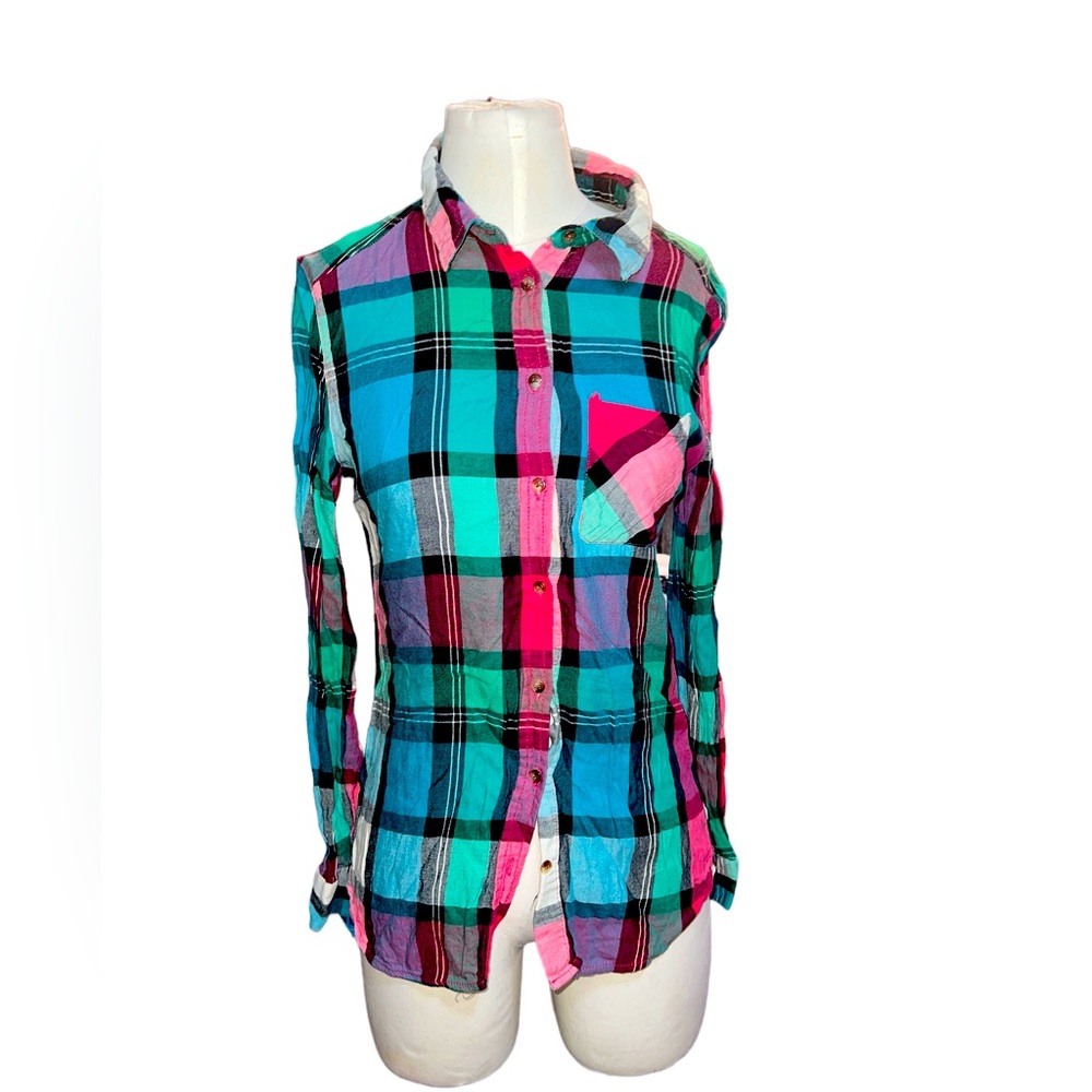 ☠️5/$20☠️CUPIDS DIARY | WOMENS COLORFUL PLAID LONG SLEEVE BUTTON DOWN SHIRT